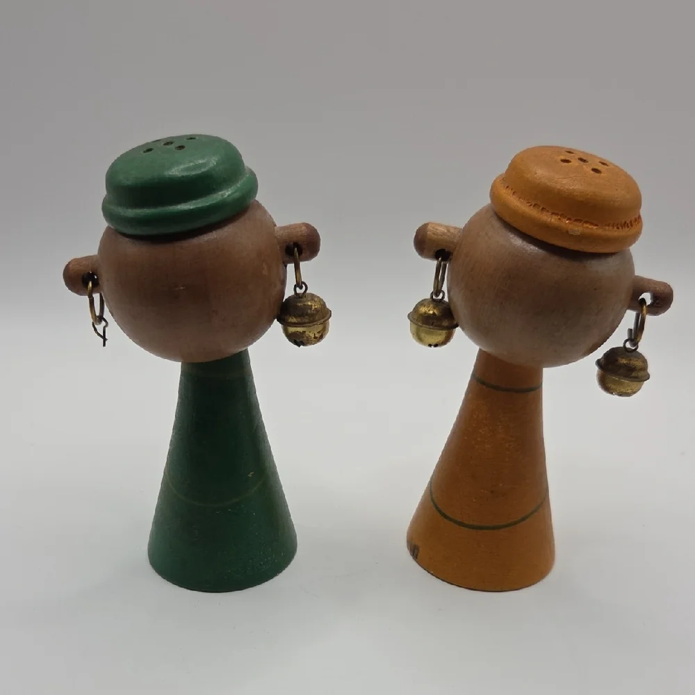 Salt and Pepper Shakers Set - Wooden People Green and Brown
